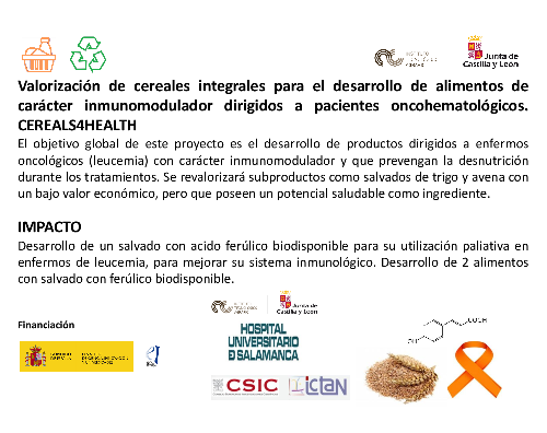 Valorización de cereales integrales para el desarrollo de alimentos de carácter inmunomodulador dirigidos a pacientes oncohematológicos. CEREALS4HEALTH